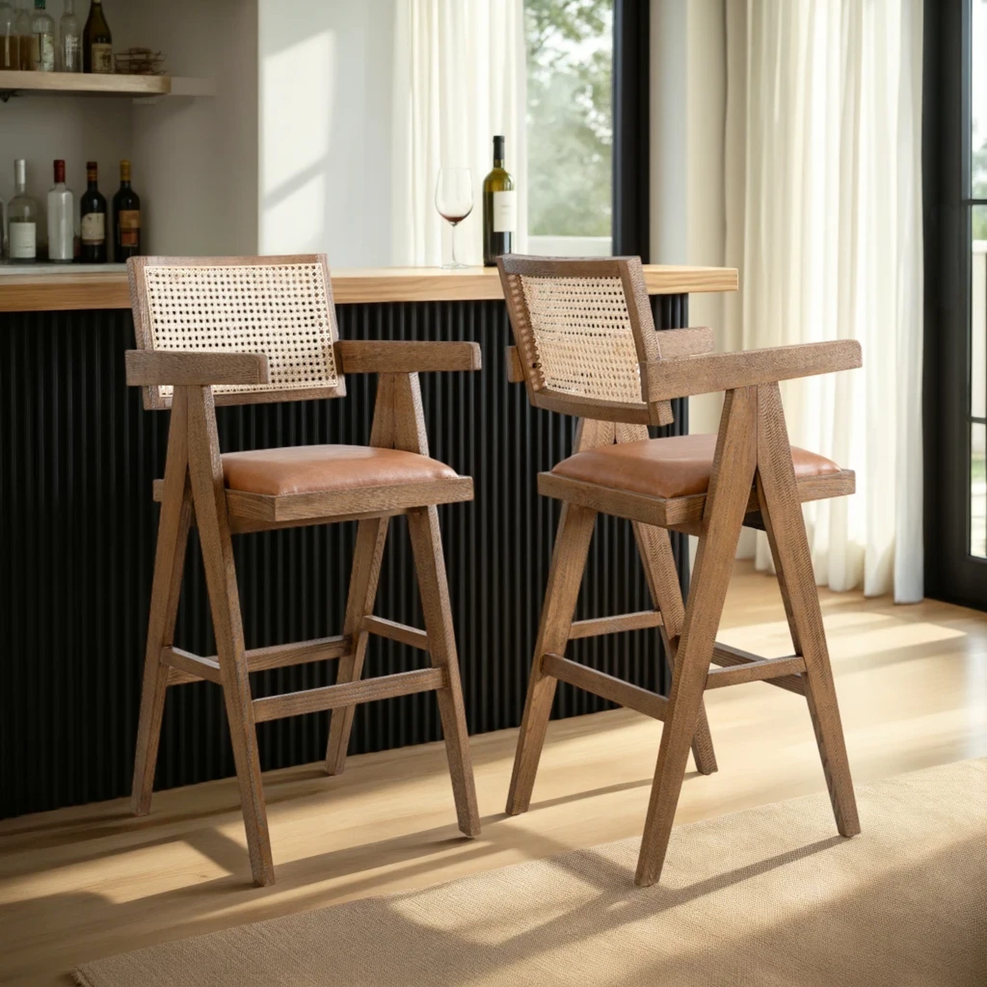 Armen Living Harley Woven-Back Barstool w/Upholstered Seat