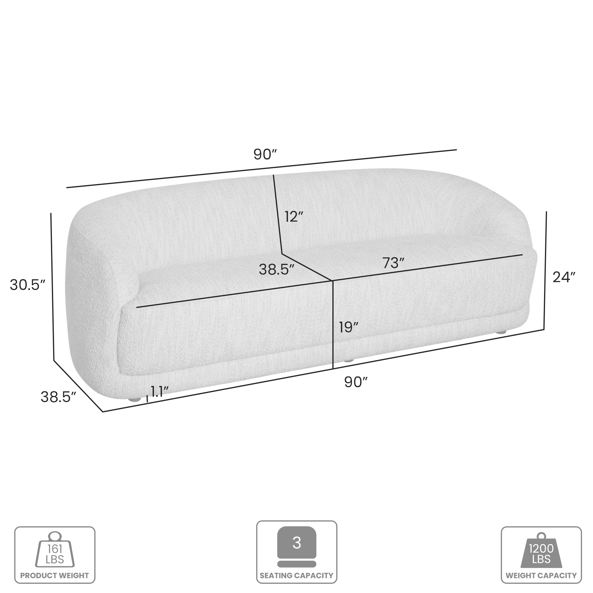 Armen Living Figueroa Curved-Back Three-Seat Sofa