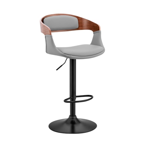 Adjustable Gray Faux Leather and Walnut Wood Bar Stool with Black Base