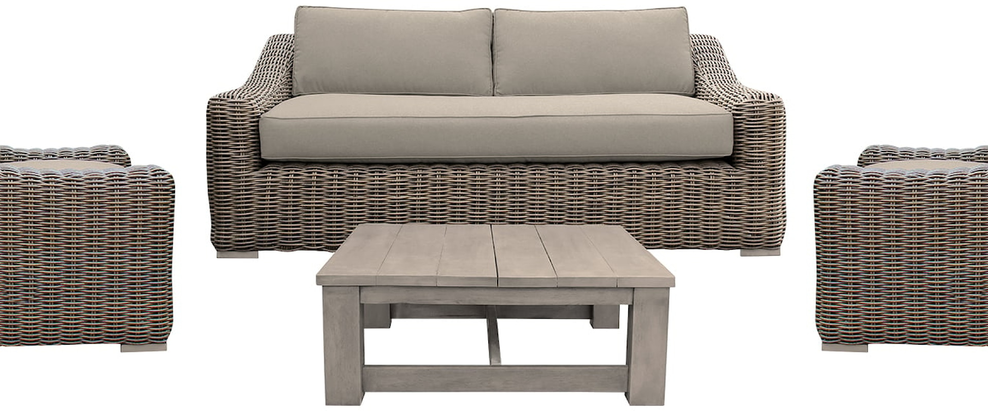 Verano 4 Piece Outdoor Patio Furniture Set in Wicker and Acacia Wood with Taupe Cushions