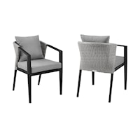 Casual Outdoor Patio Dining Chairs in Aluminum and Wicker with Grey Cushions