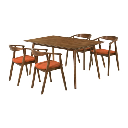 Mid-Century Modern 5 Piece Walnut Wood Dining Set with Orange Fabric