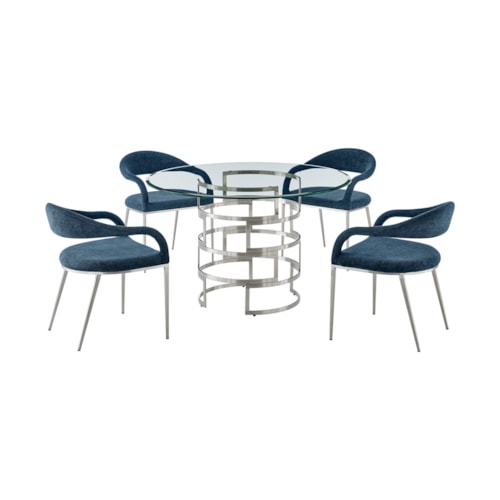 Contemporary 5-pc. Dining Set with Round Glass-Top Dining Table and Upholstered Chairs