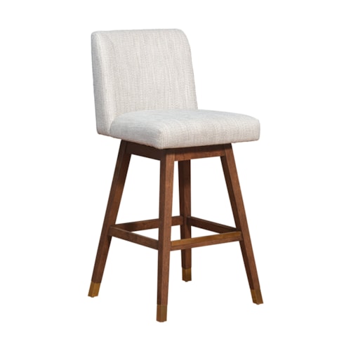 Mid-Century Modern Swivel Bar Stool in Brown Oak Wood Finish with Beige Fabric
