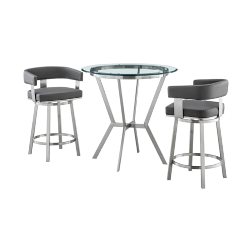 Naomi and Lorin 3-Piece Counter Height Dining Set in Brushed Stainless Steel and Grey Faux Leather