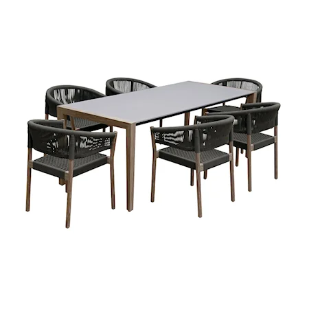 Contemporary Indoor-Outdoor 7-Piece Dining Set in Light Eucalyptus Wood with Superstone with Charcoal Rope