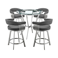 Naomi and Chelsea 5-Piece Counter Height Dining Set in Brushed Stainless Steel and Grey Faux Leather