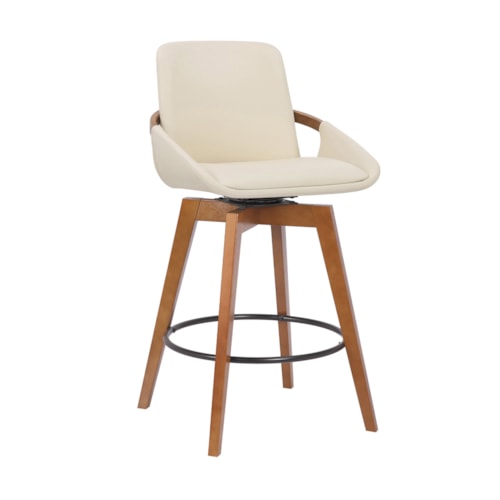 26" Cream Faux Leather and Walnut Wood Swivel Bar Stool