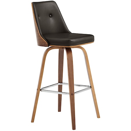Contemporary Swivel Counter Stool in Faux Leather and Walnut Wood