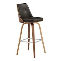 Contemporary Swivel Bar Stool in Faux Leather and Walnut Wood