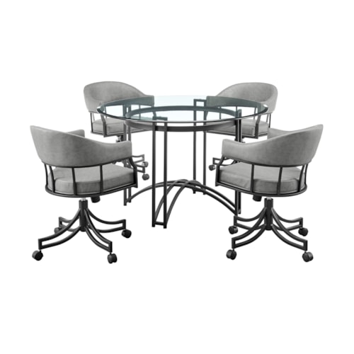 Contemporary 5-pc. Dining Set with Glass-Top Table and Rolling Swivel Chairs