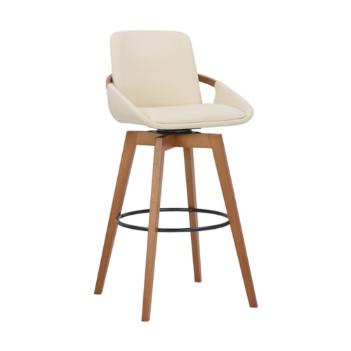 30" Cream Faux Leather and Walnut Wood Swivel Bar Stool