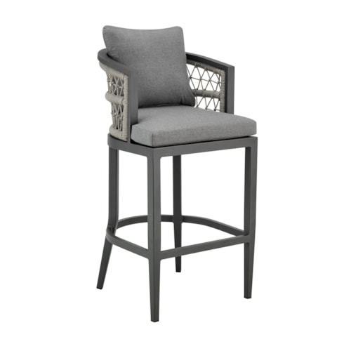 Transitional Patio Barstool with Rope Arm Accents and Cushioned Seating