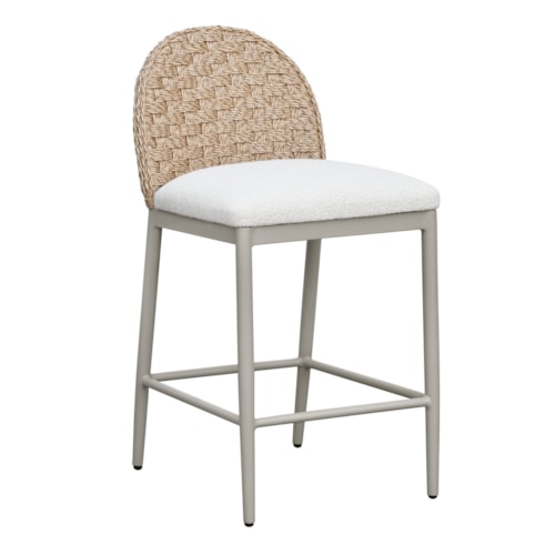 Modern Coastal Outdoor Woven-Back Counter Stool with Seat Cushion