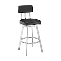 Contemporary Bar Height Swivel Stool in Brushed Stainless Steel with Black Faux Leather