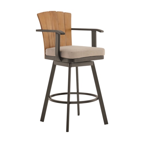 Farmhouse Brown Outdoor Swivel Barstool with Wood Back