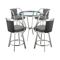 Naomi and Livingston 5-Piece Counter Height Dining Set in Brushed Stainless Steel and Grey Faux Leather
