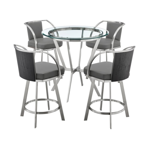 Naomi and Livingston 5-Piece Counter Height Dining Set in Brushed Stainless Steel and Grey Faux Leather