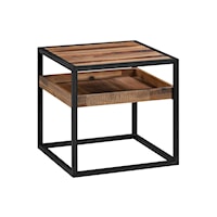 Rustic Square End Table with Shelf in Acacia and Black Metal