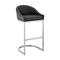 Contemporary Bar Stool in Brushed Stainless Steel with Black Faux Leather