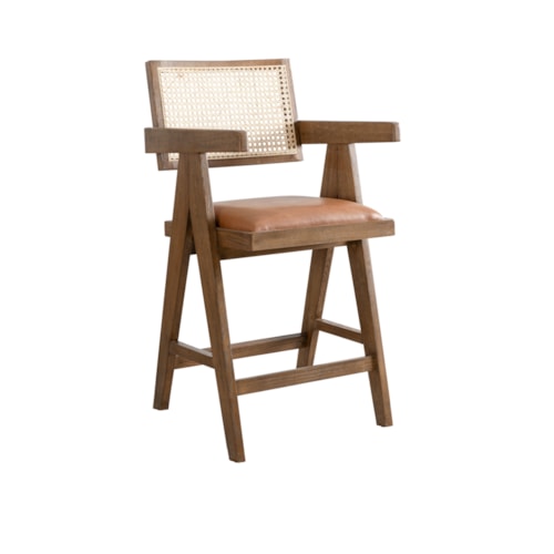 Modern Rustic Woven-Back Counter Stool with Upholstered Seat