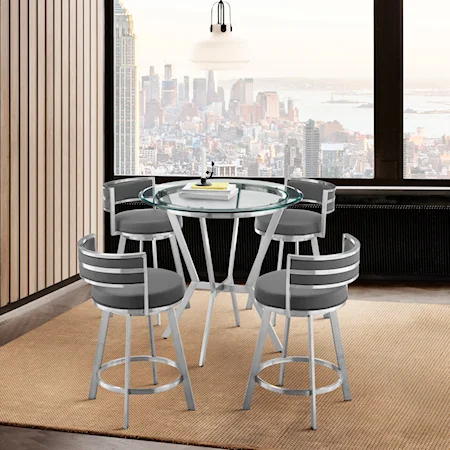 Naomi and Roman 5-Piece Counter Height Dining Set in Brushed Stainless Steel and Grey Faux Leather