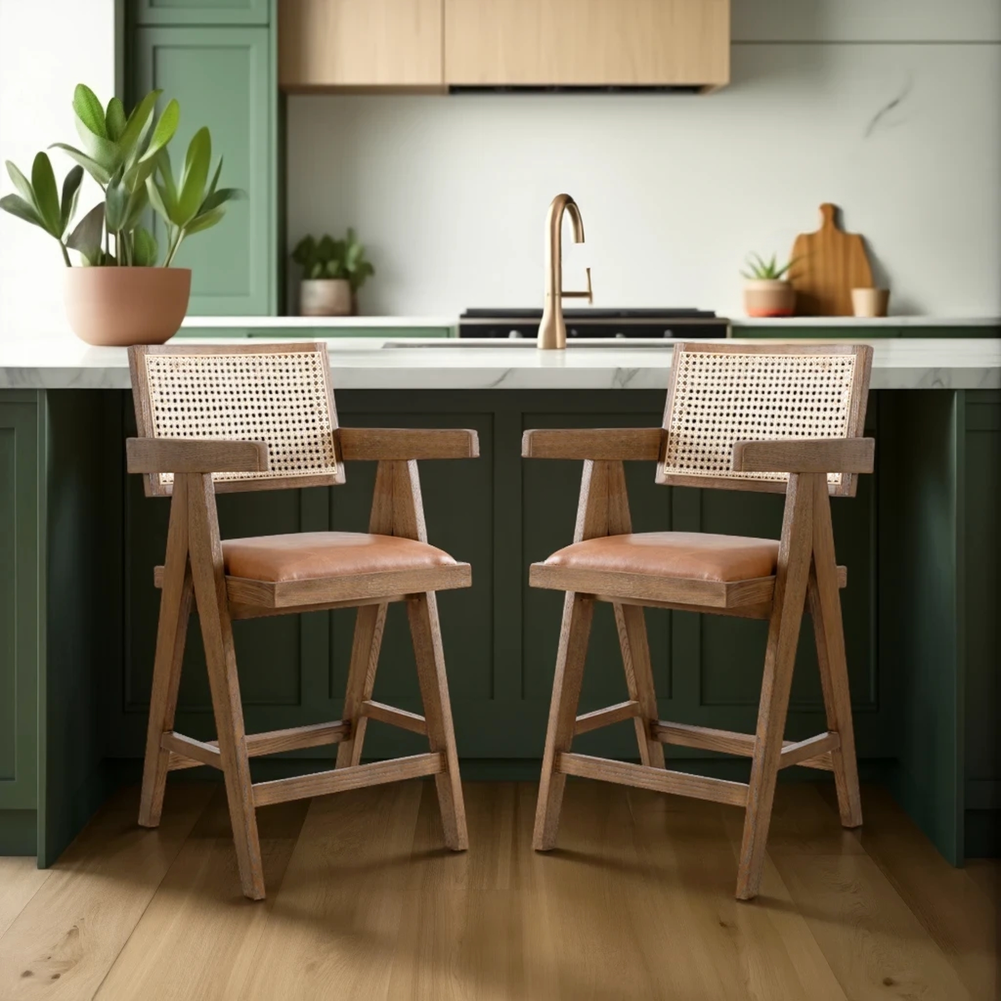 Woven-Back Counter Stool w/Upholstered Seat