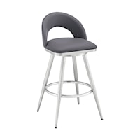 Contemporary Swivel Counter Stool in Brushed Stainless Steel and Grey Faux Leather