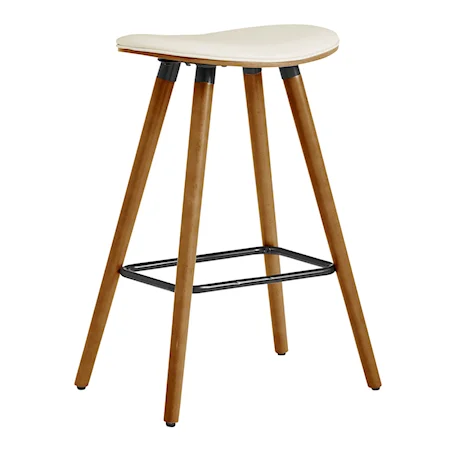 Contemporary 26" Counter Height Backless Bar Stool in Cream Faux Leather and Walnut Wood