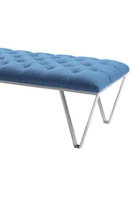 Armen Living Serene Serene Contemporary Tufted Bench in Brushed Stainless Steel with Blue Fabric