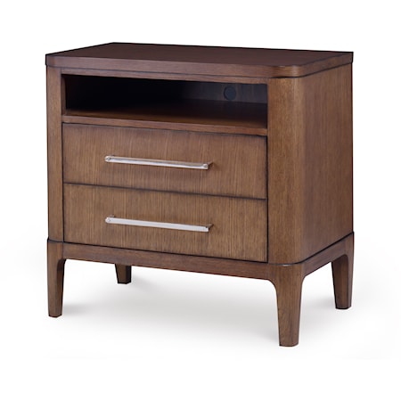 Contemporary 2-Drawer Nightstand with Metal Pulls and Open Shelf