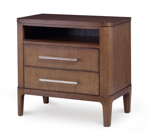 Contemporary 2-Drawer Nightstand with Metal Pulls and Open Shelf