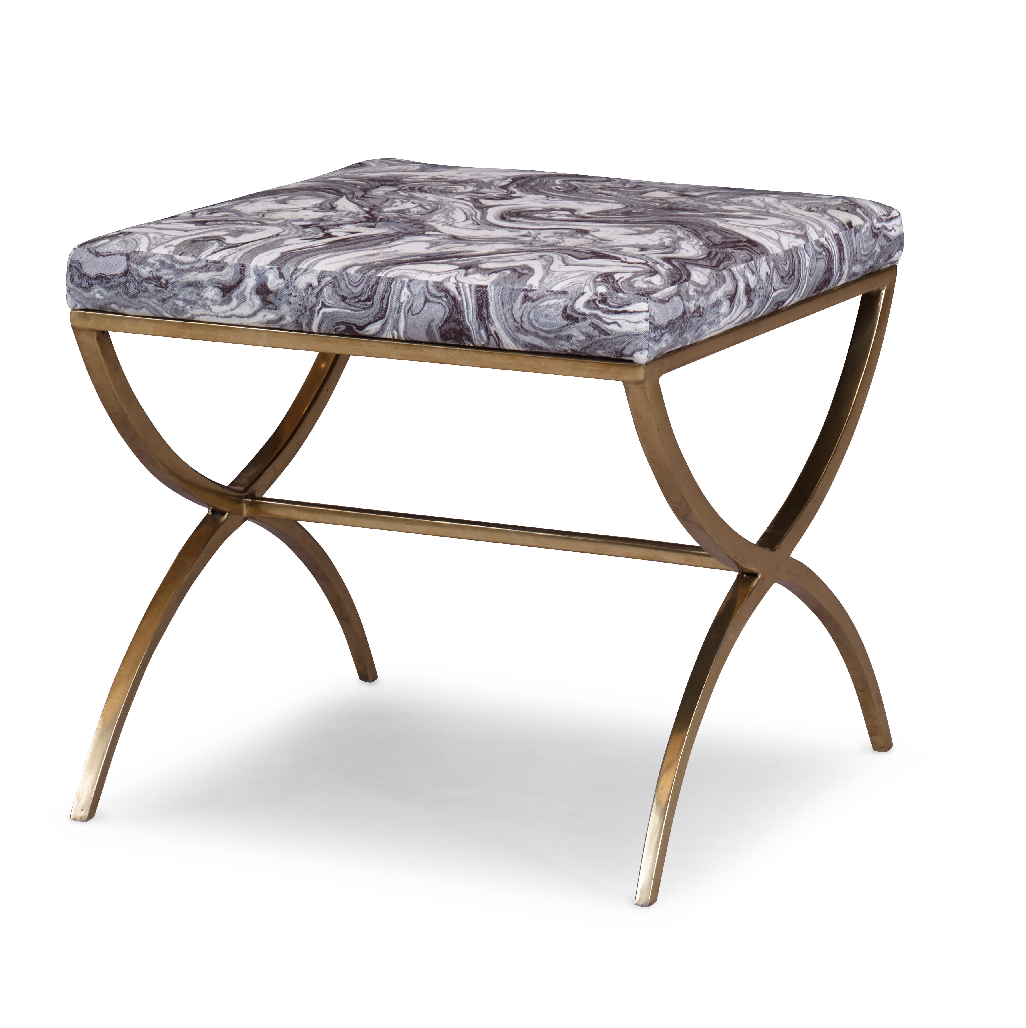 Rae Contemporary Antique Brass Upholstered Metal Bench