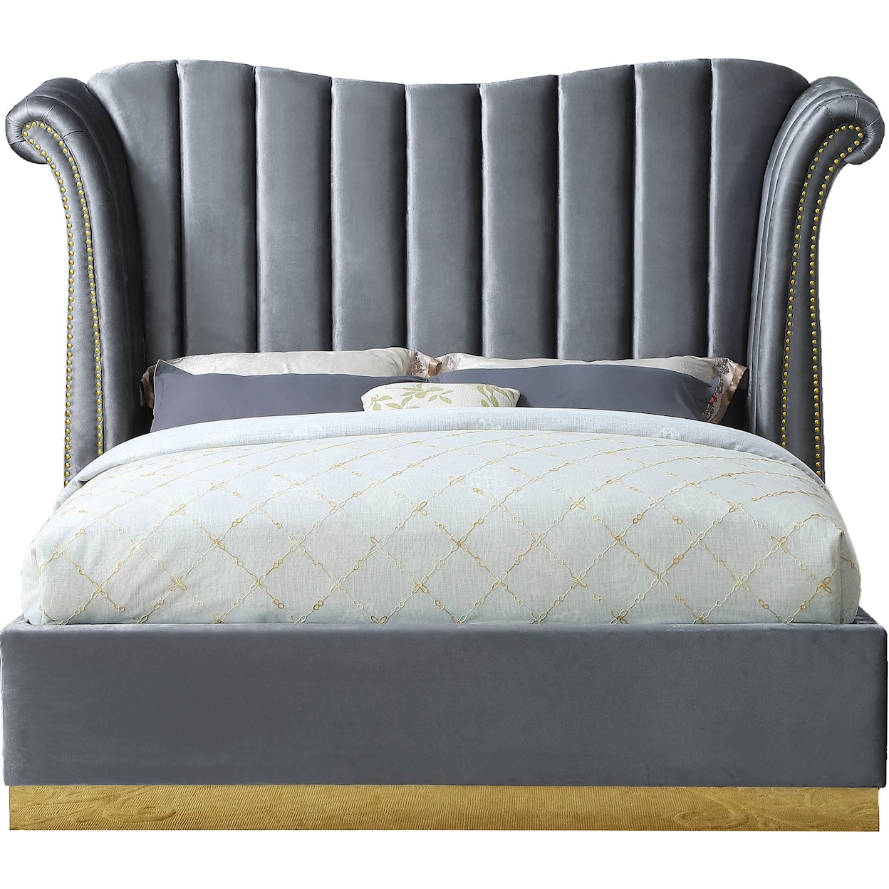 Meridian Furniture Flora Upholstered Grey Velvet Queen Bed 