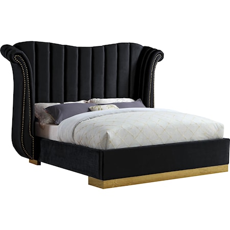 Contemporary Upholstered Black Velvet Queen Bed with Channel-Tufting