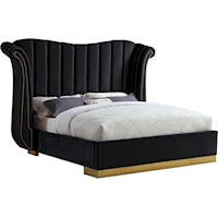 Contemporary Upholstered Black Velvet King Bed with Channel-Tufting