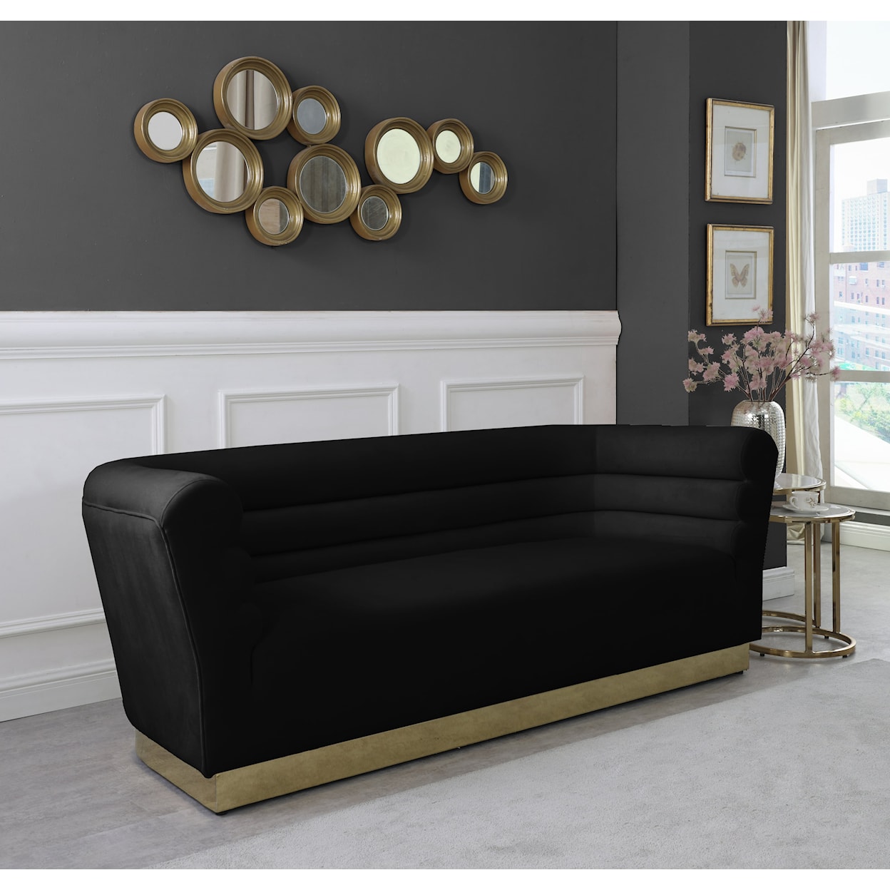 Meridian Furniture Bellini Black Velvet Sofa with Gold Steel Base