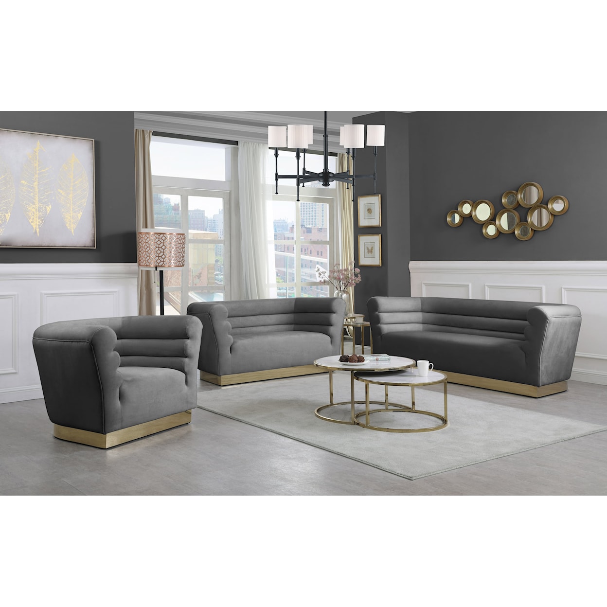 Meridian Furniture Bellini Grey Velvet Sofa with Gold Steel Base