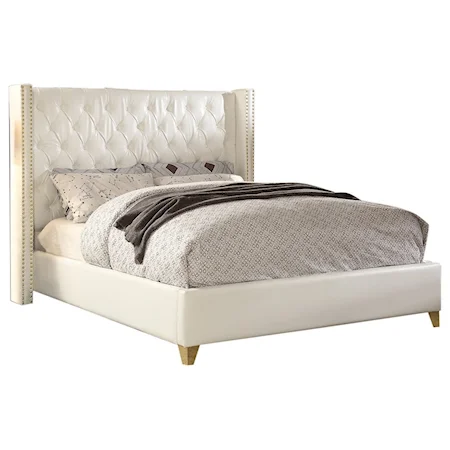 Transitional Leather Upholstered Queen Bed with Tufted Headboard