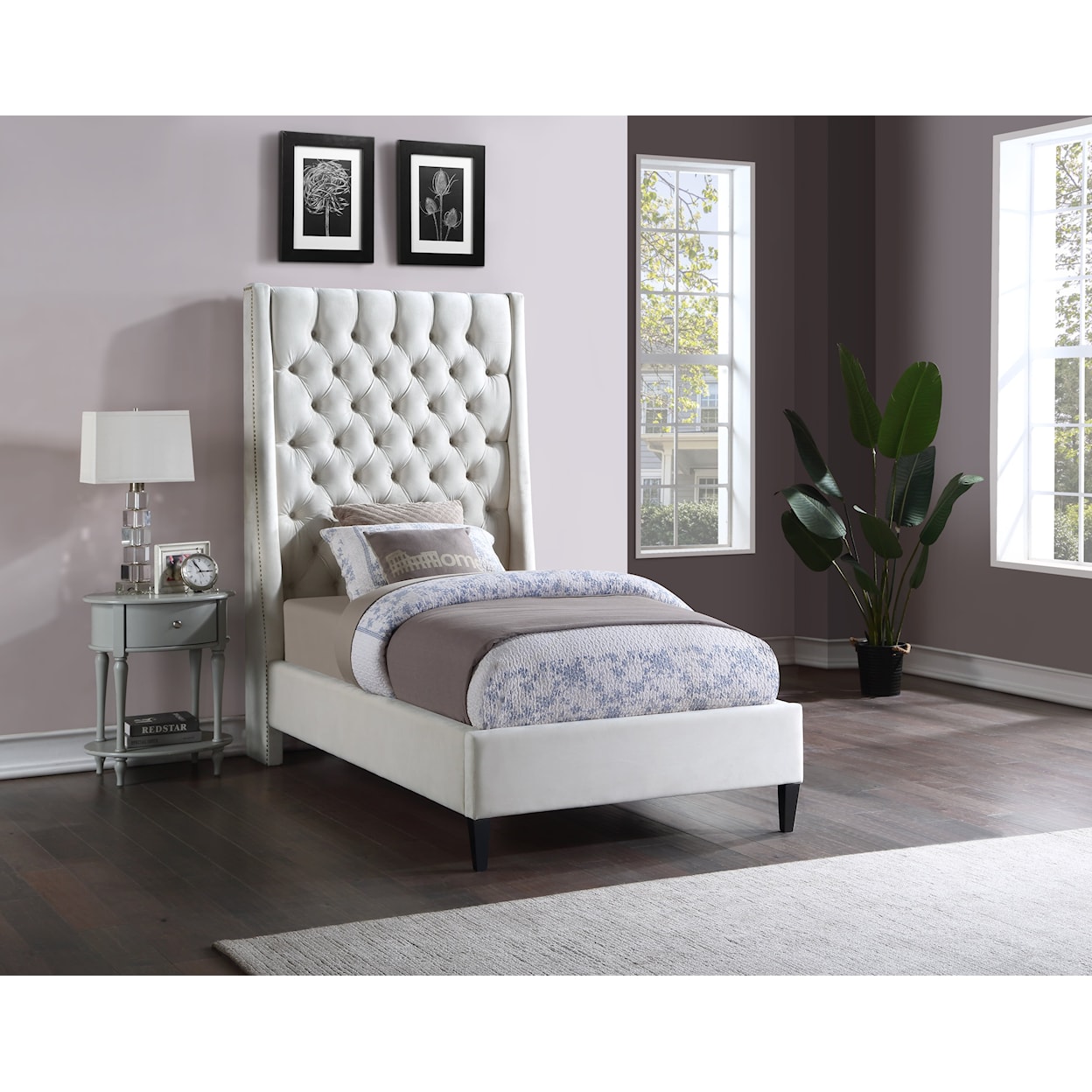 Meridian Furniture Fritz Upholstered Cream Velvet Twin Bed 