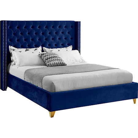 Contemporary Upholstered Navy Velvet Queen Bed