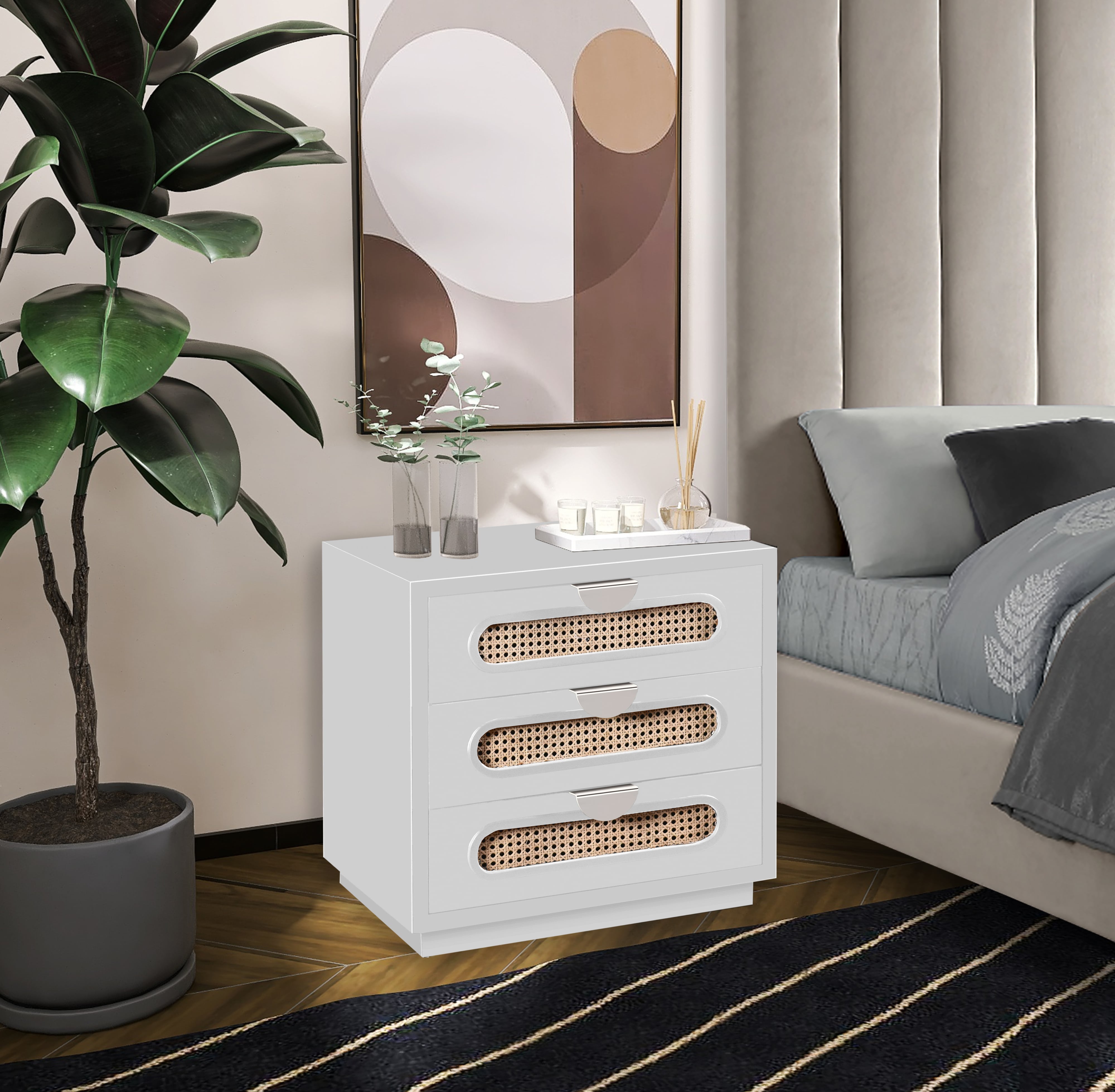 Meridian Furniture Cane 814WhiteNS MidCentury Modern Cane Nightstand
