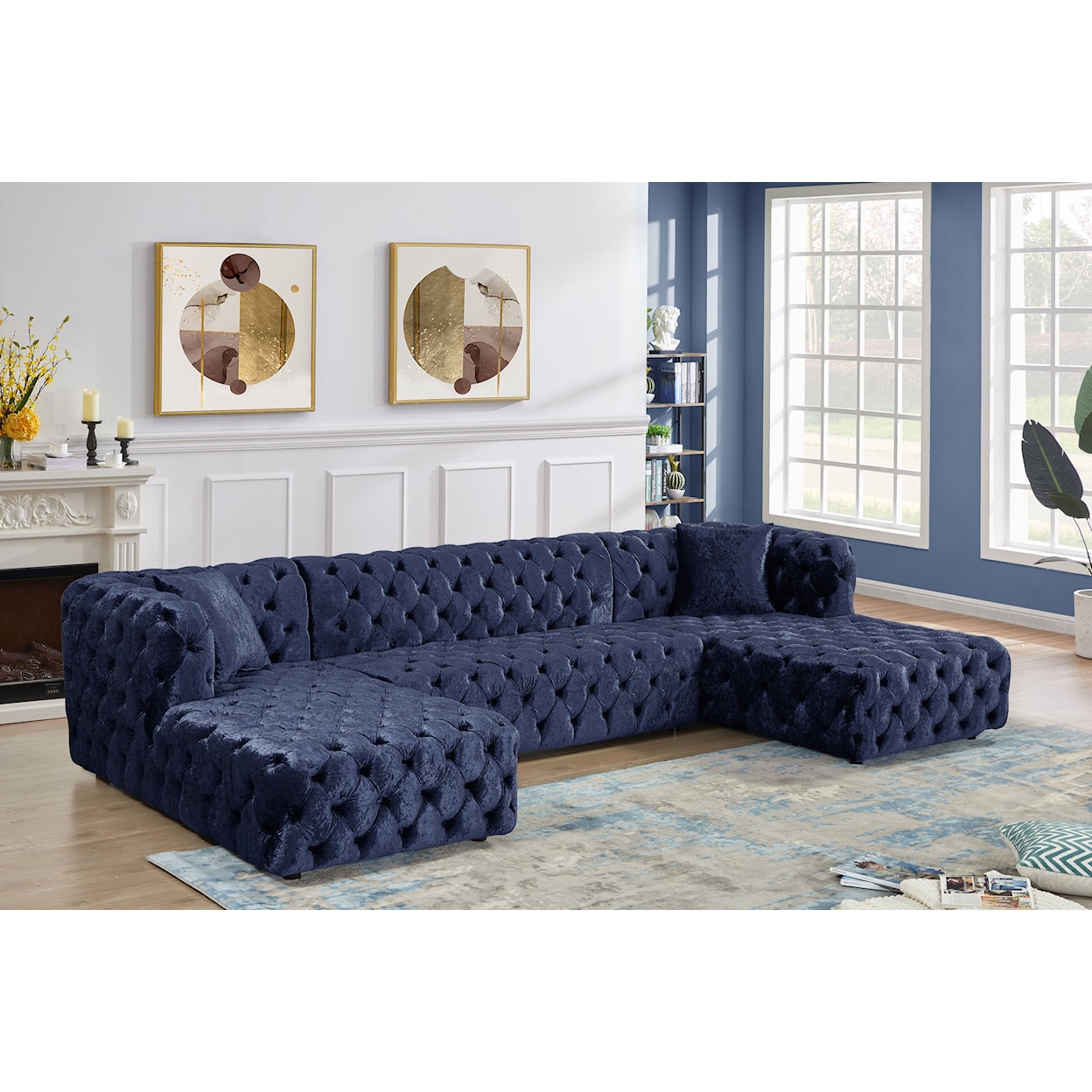 Meridian Furniture Coco 3-Piece Velvet Sectional Sofa with Tufting