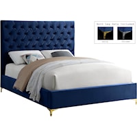 Contemporary Navy Velvet Upholstered Queen Bed with Tufted Headboard