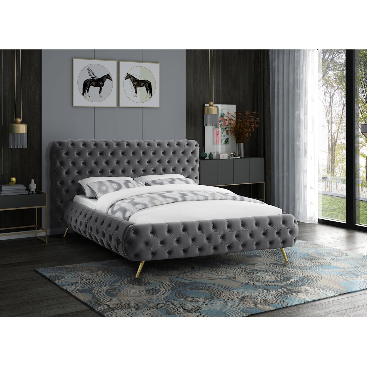 Meridian Furniture Delano Upholstered Grey Velvet Queen Bed
