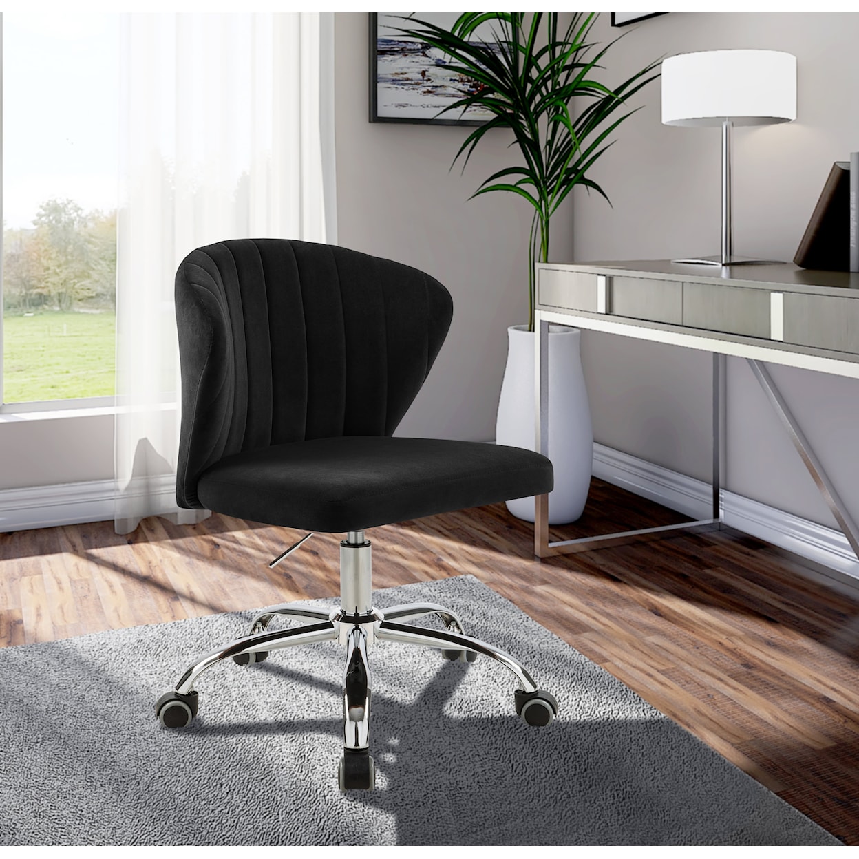 Meridian Furniture Finley Black Velvet Office Chair with Chrome Base