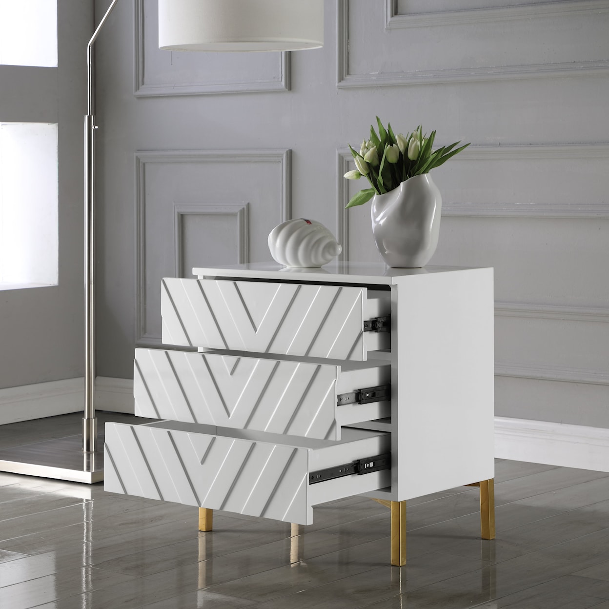 Meridian Furniture Collette White Side Table with 3 Drawers