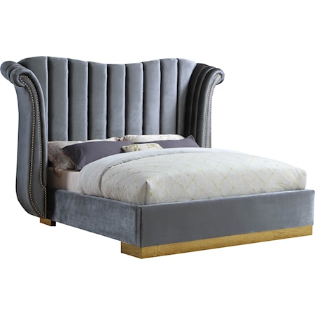 Contemporary Upholstered Grey Velvet King Bed with Channel-Tufting