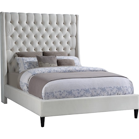 Contemporary Upholstered Cream Velvet King Bed with Tufting