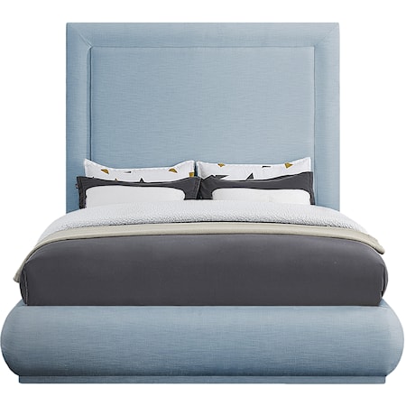 Mid-Century Modern Brooke Queen Bed Light Blue Linen Textured Fabric